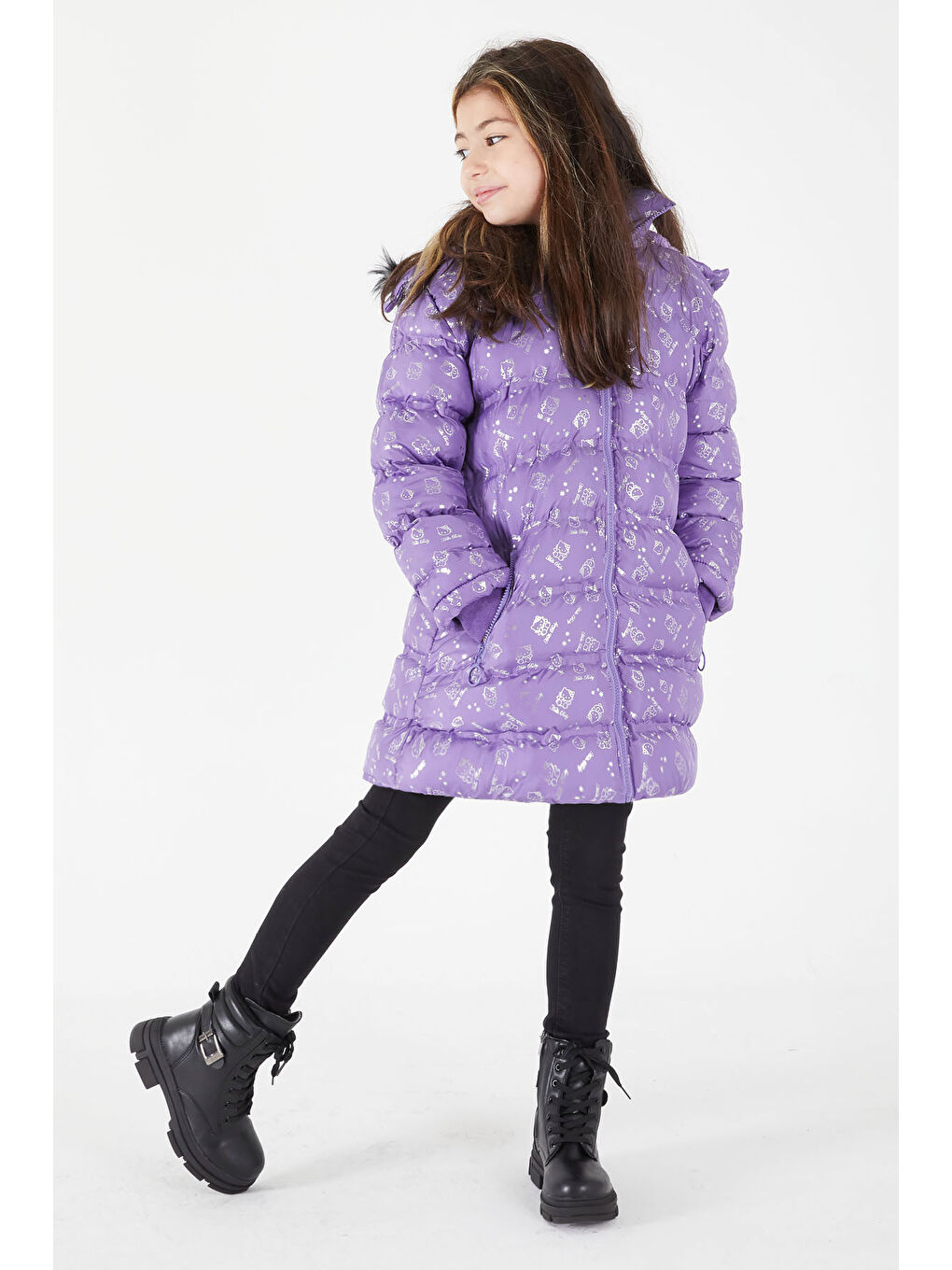 Kız Çocuk Karakter Baskılı Şişme Mont Lila 15550-2