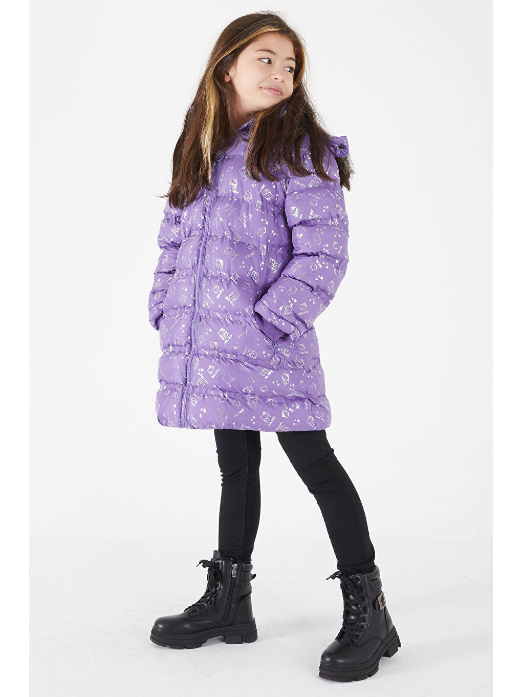 Kız Çocuk Karakter Baskılı Şişme Mont Lila 15550-3