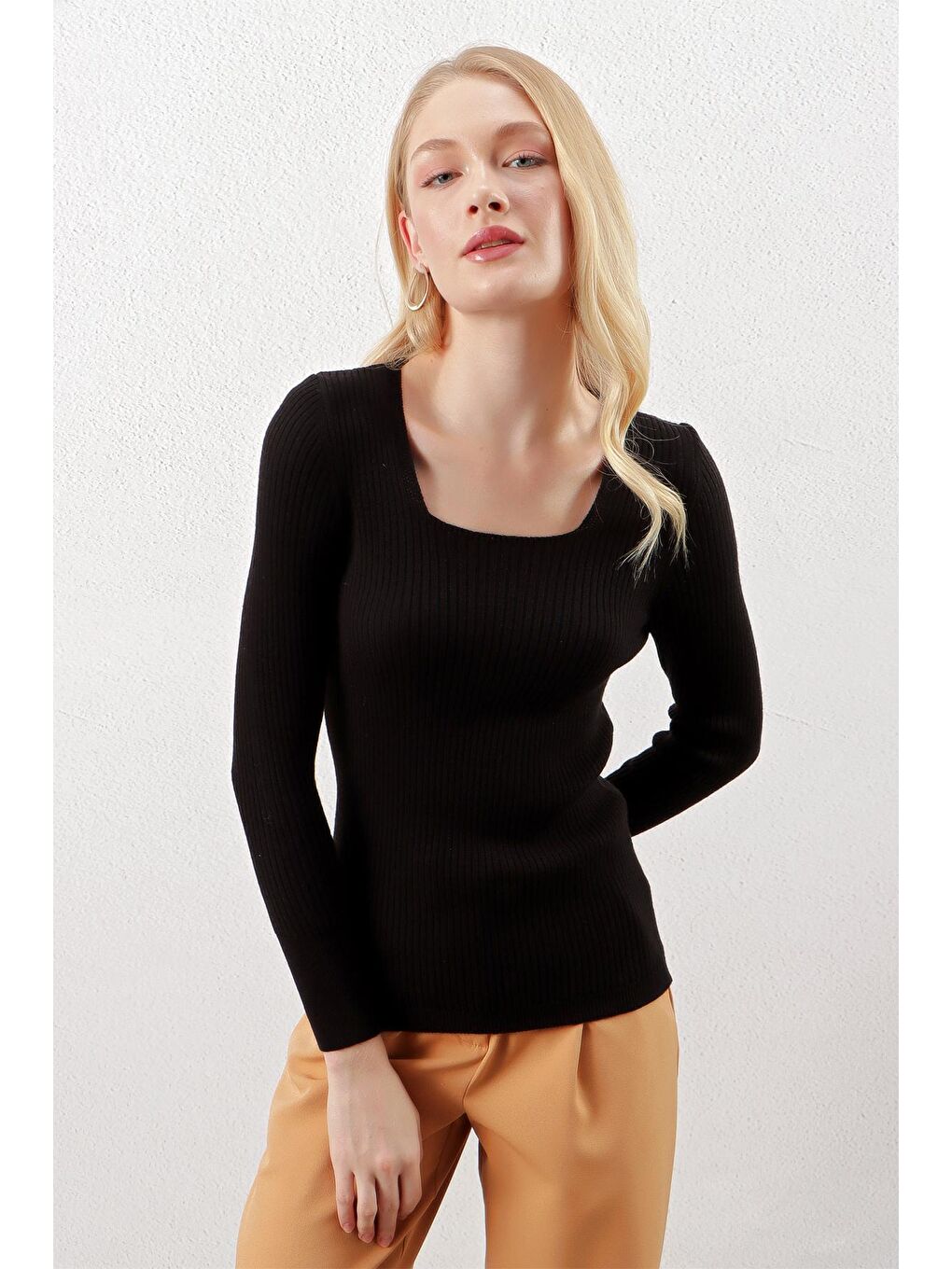 Kadın Siyah Kare Yaka Fitilli Basic Body Triko Kazak-2
