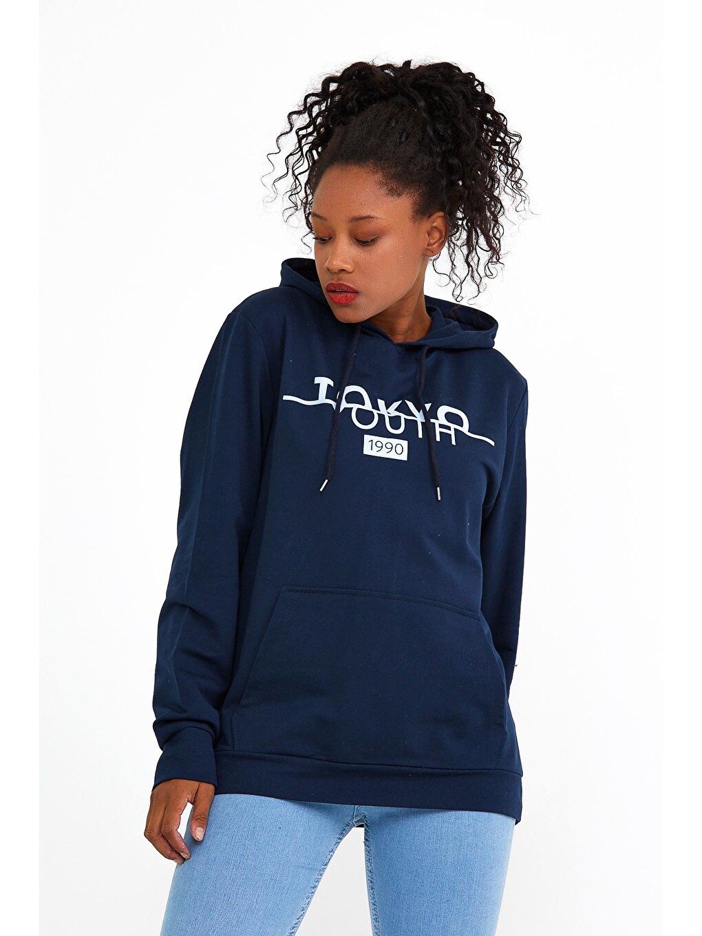 Lacivert Kadın Kapüşonlu Regular Fit Tokya Baskılı Sweatshirt Spr22swk164-1