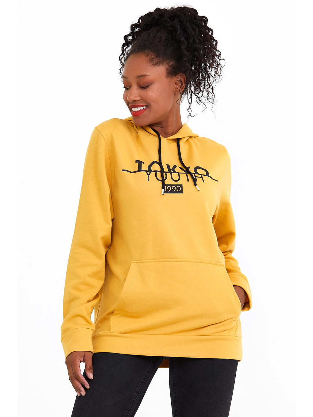 Sarı Kadın Kapüşonlu Regular Fit Tokya Baskılı Sweatshirt Spr22swk164-1