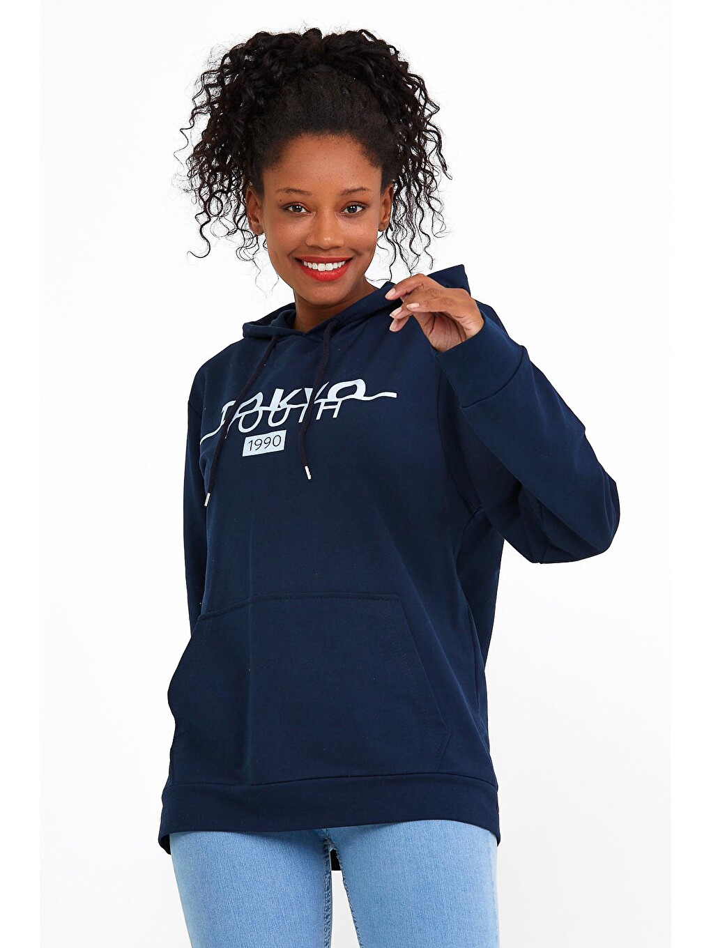 Lacivert Kadın Kapüşonlu Regular Fit Tokya Baskılı Sweatshirt Spr22swk164-2