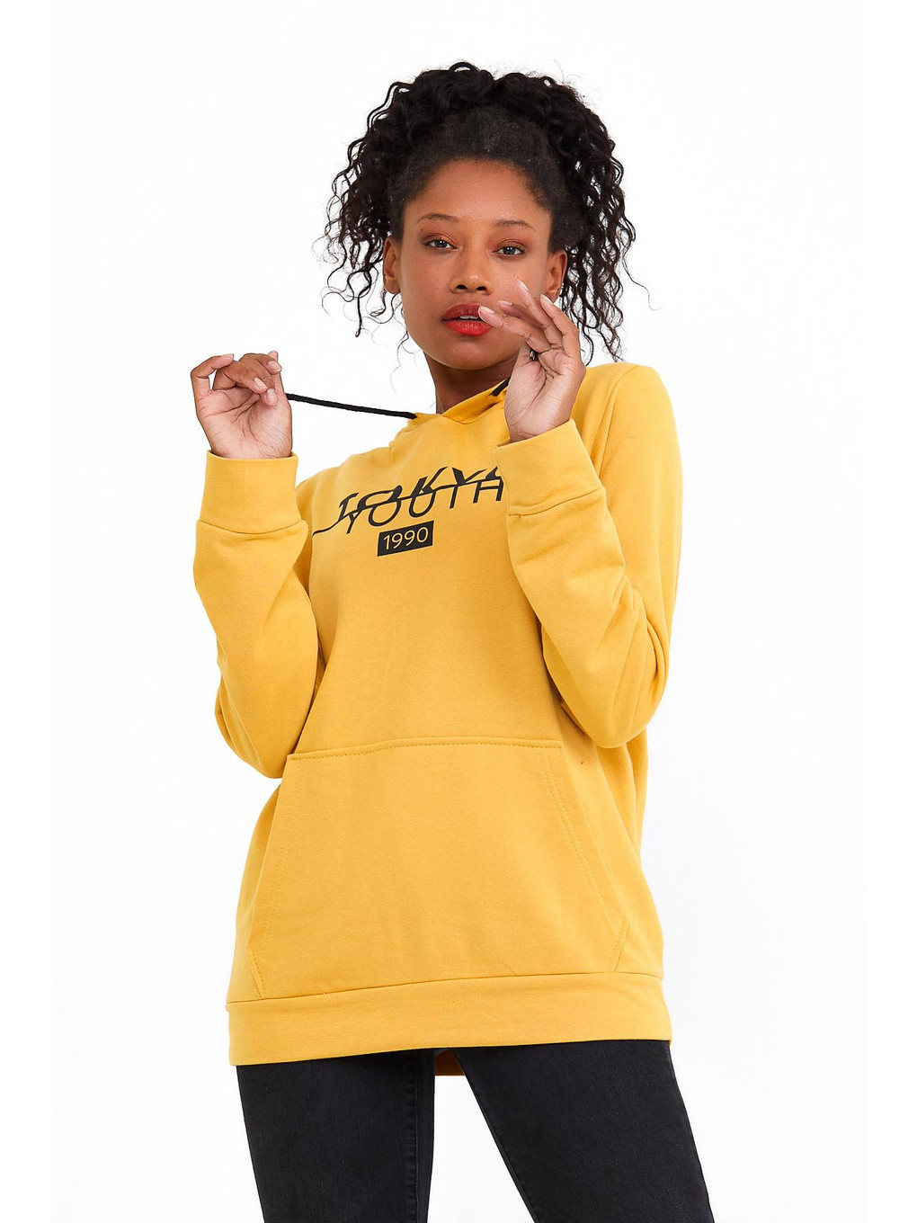 Sarı Kadın Kapüşonlu Regular Fit Tokya Baskılı Sweatshirt Spr22swk164-3
