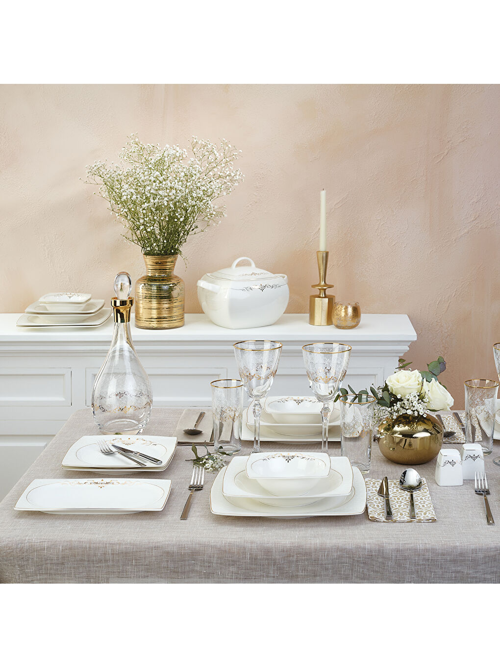 Beyaz Lorella Fine Bone 61 Parça 12 Kişilik Kare Yemek Takımı Gold-6