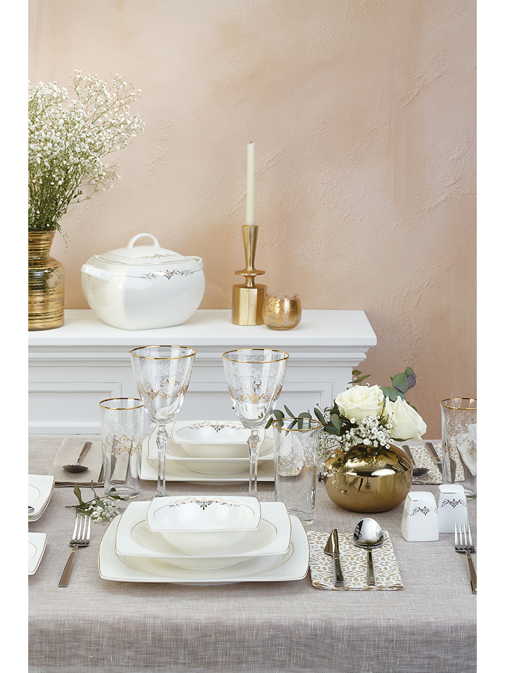 Beyaz Lorella Fine Bone 61 Parça 12 Kişilik Kare Yemek Takımı Gold-7