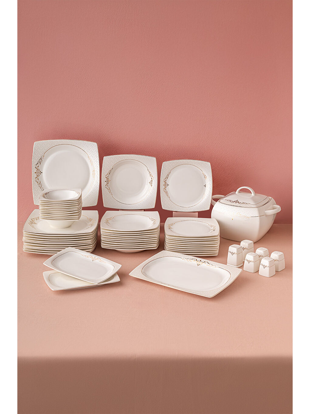 Beyaz Lorella Fine Bone 61 Parça 12 Kişilik Kare Yemek Takımı Gold-1