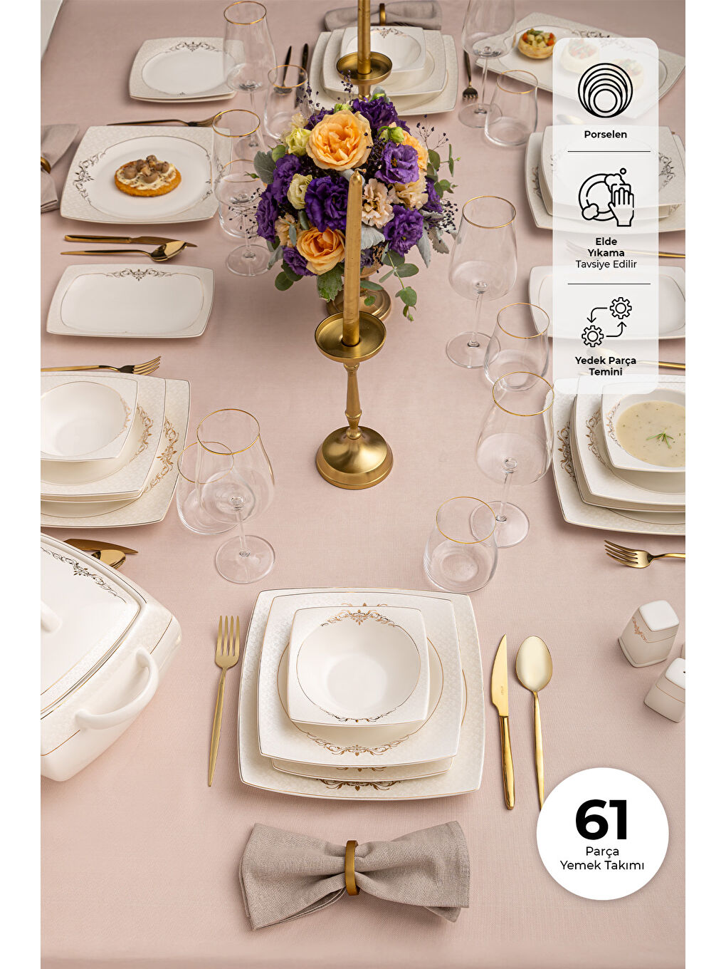 Beyaz Lorella Fine Bone 61 Parça 12 Kişilik Kare Yemek Takımı Gold-3