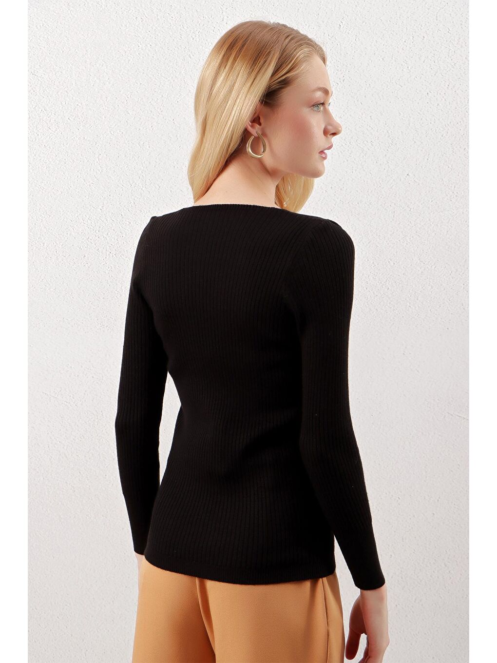 Kadın Siyah Kare Yaka Fitilli Basic Body Triko Kazak-4