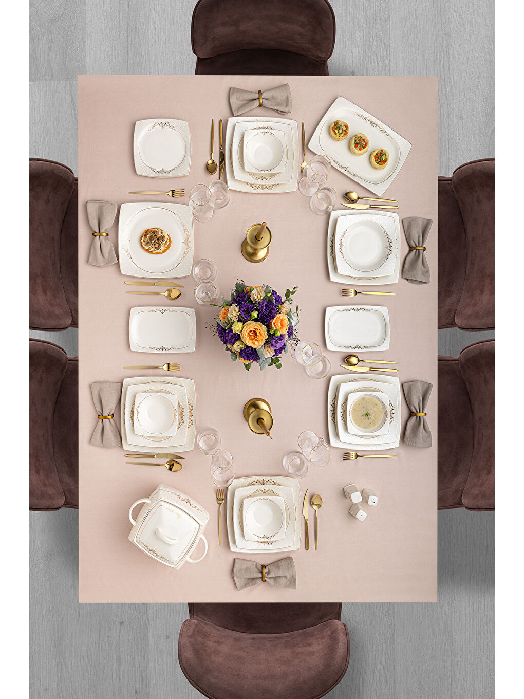 Beyaz Lorella Fine Bone 61 Parça 12 Kişilik Kare Yemek Takımı Gold-5