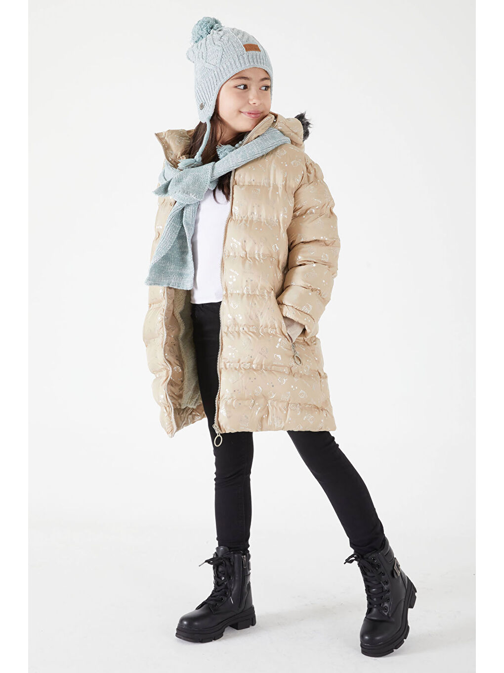 Kız Çocuk Karakter Baskılı Şişme Mont Bej 15552