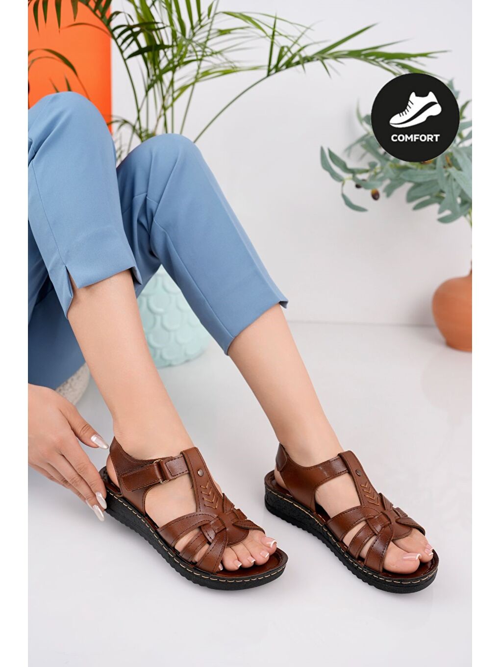 Kahverengi Soft Kadın  Günlük Ortopedik Kaymaz Taban Comfort Rahat Sandalet