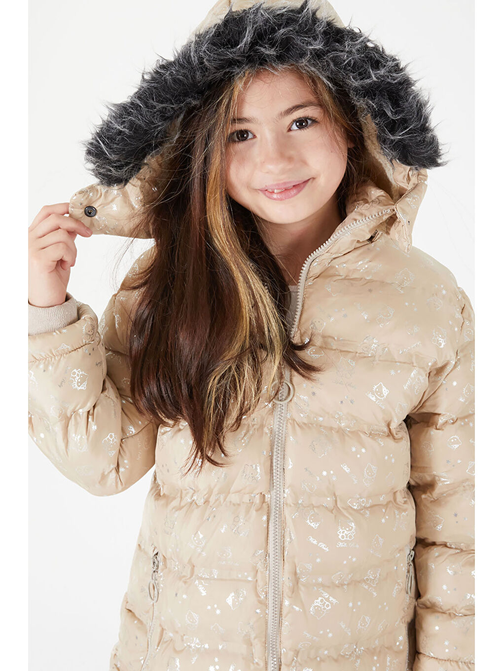 Kız Çocuk Karakter Baskılı Şişme Mont Bej 15552-2