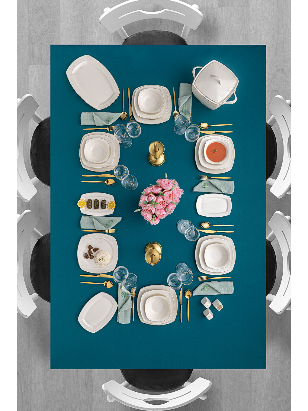 Beyaz Bone Yeni Nilüfer 60 Parça 12 Kişilik Yemek Takımı Yarım Kare-5