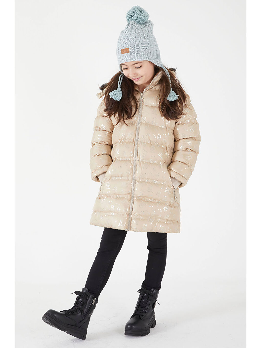 Kız Çocuk Karakter Baskılı Şişme Mont Bej 15552-3