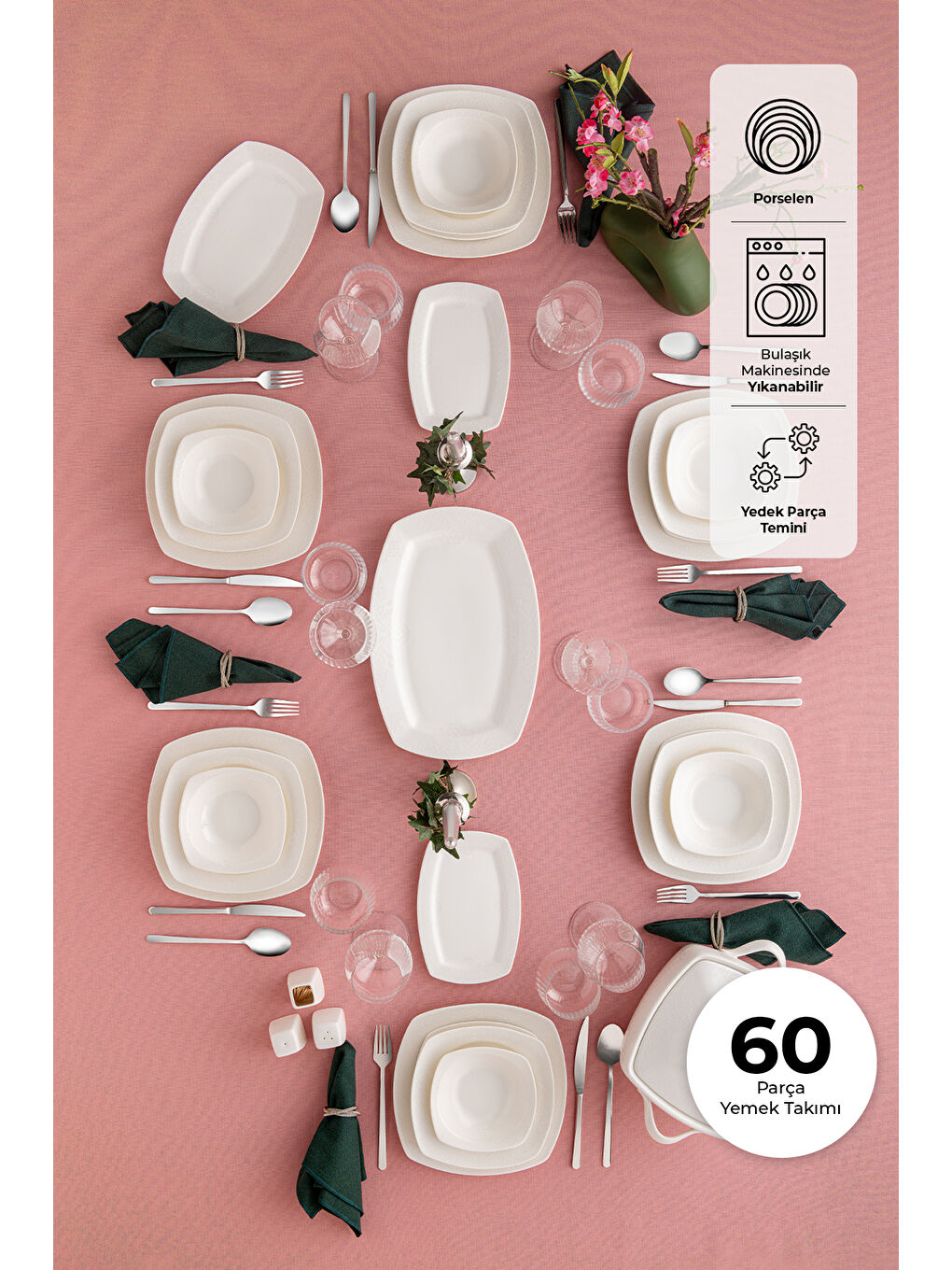 Beyaz Bone Yeni Begonya 12 Kişilik Yemek Takımı 60 Parça Yarım Kare-3