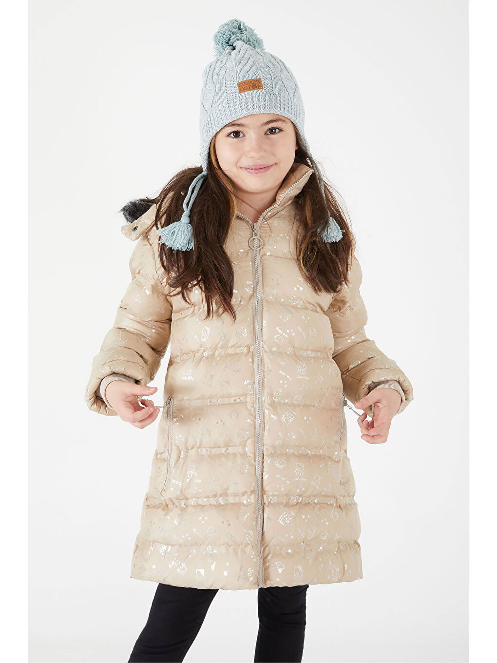 Kız Çocuk Karakter Baskılı Şişme Mont Bej 15552-4
