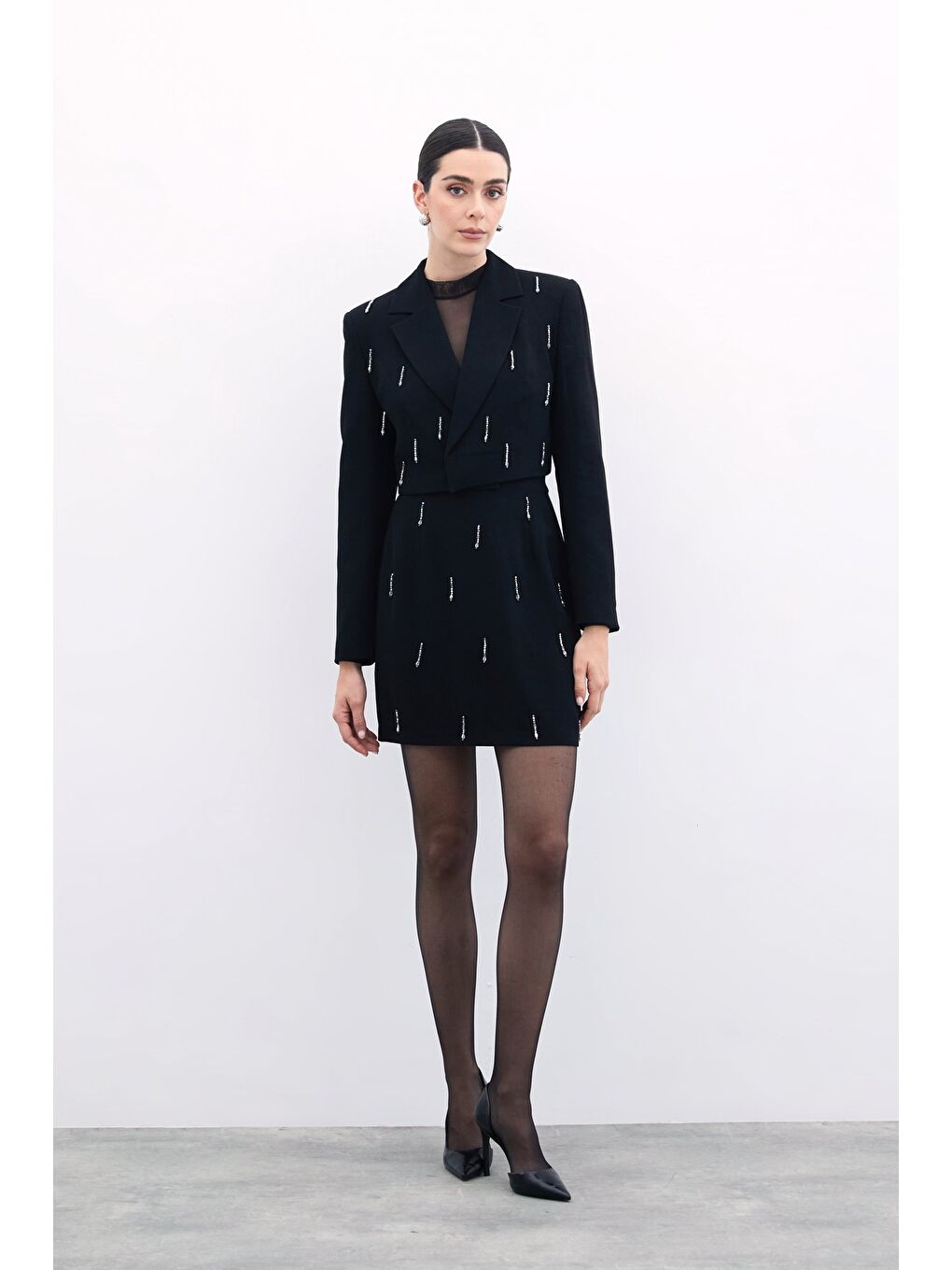 Taşlı Kısa Etek - Siyah-1