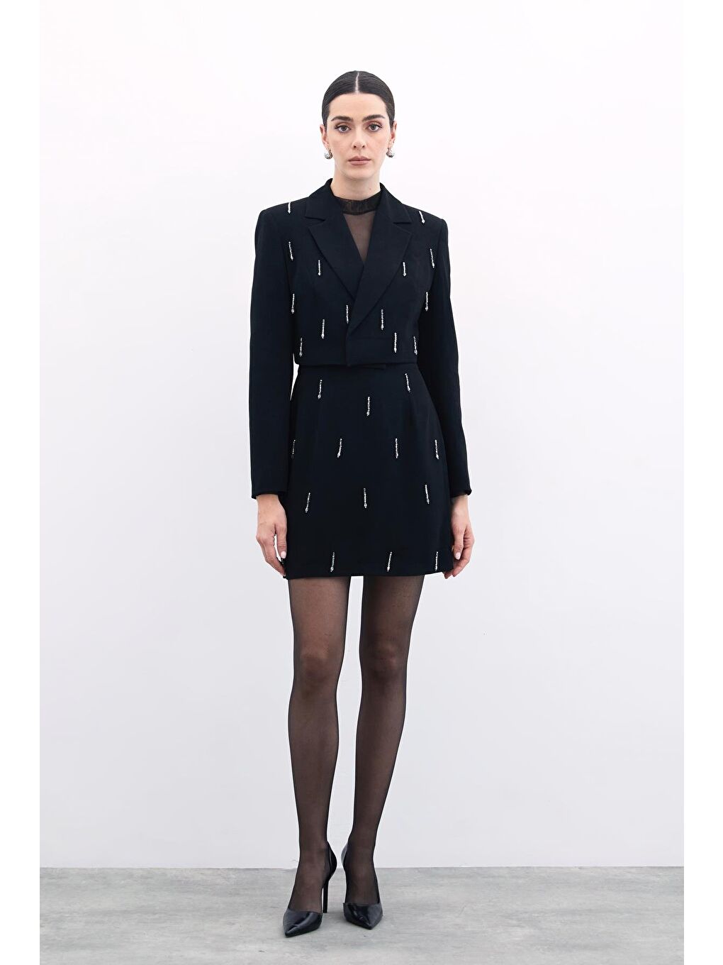 Taşlı Kısa Etek - Siyah-2