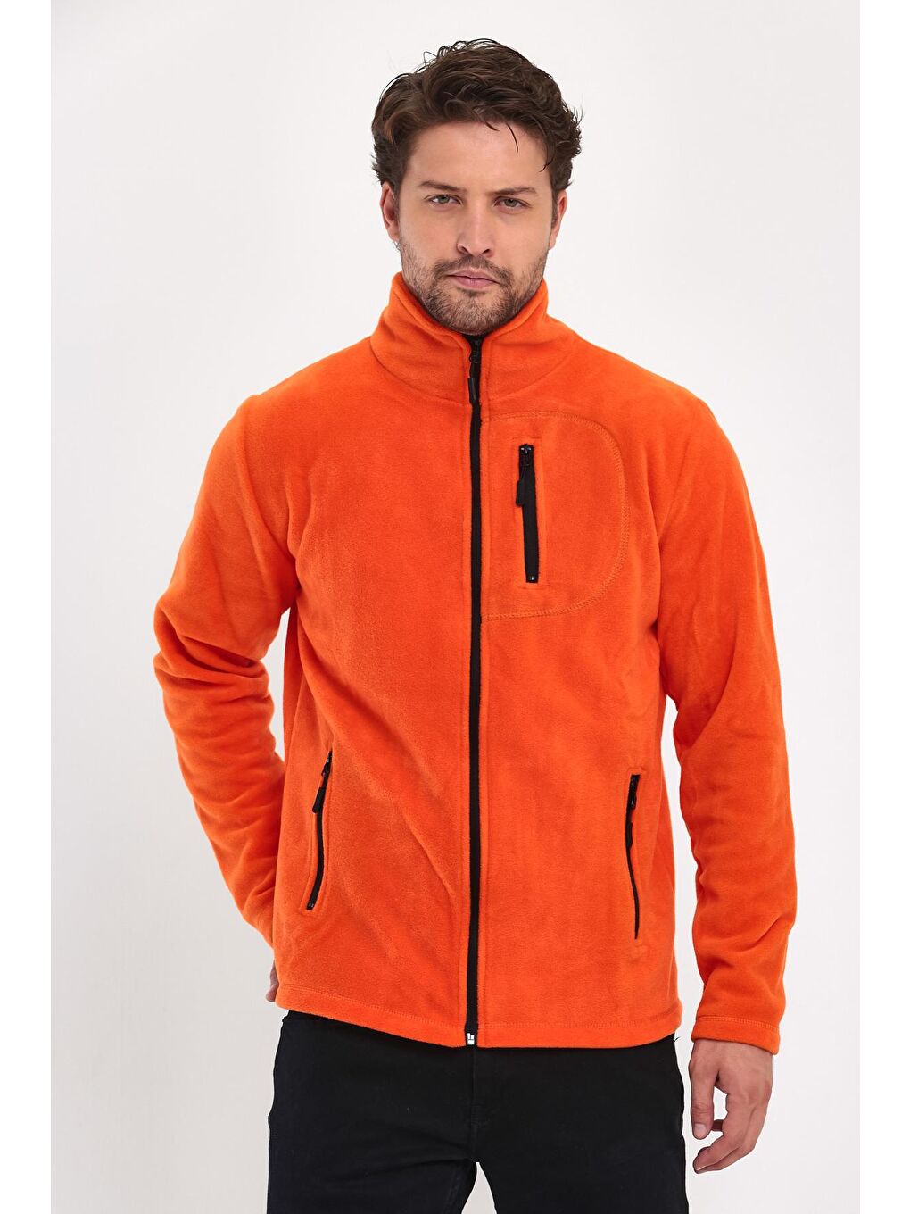 Turuncu Erkek Polar Tam Fermuarlı 3 Cepli Outdoor Polar Ceket