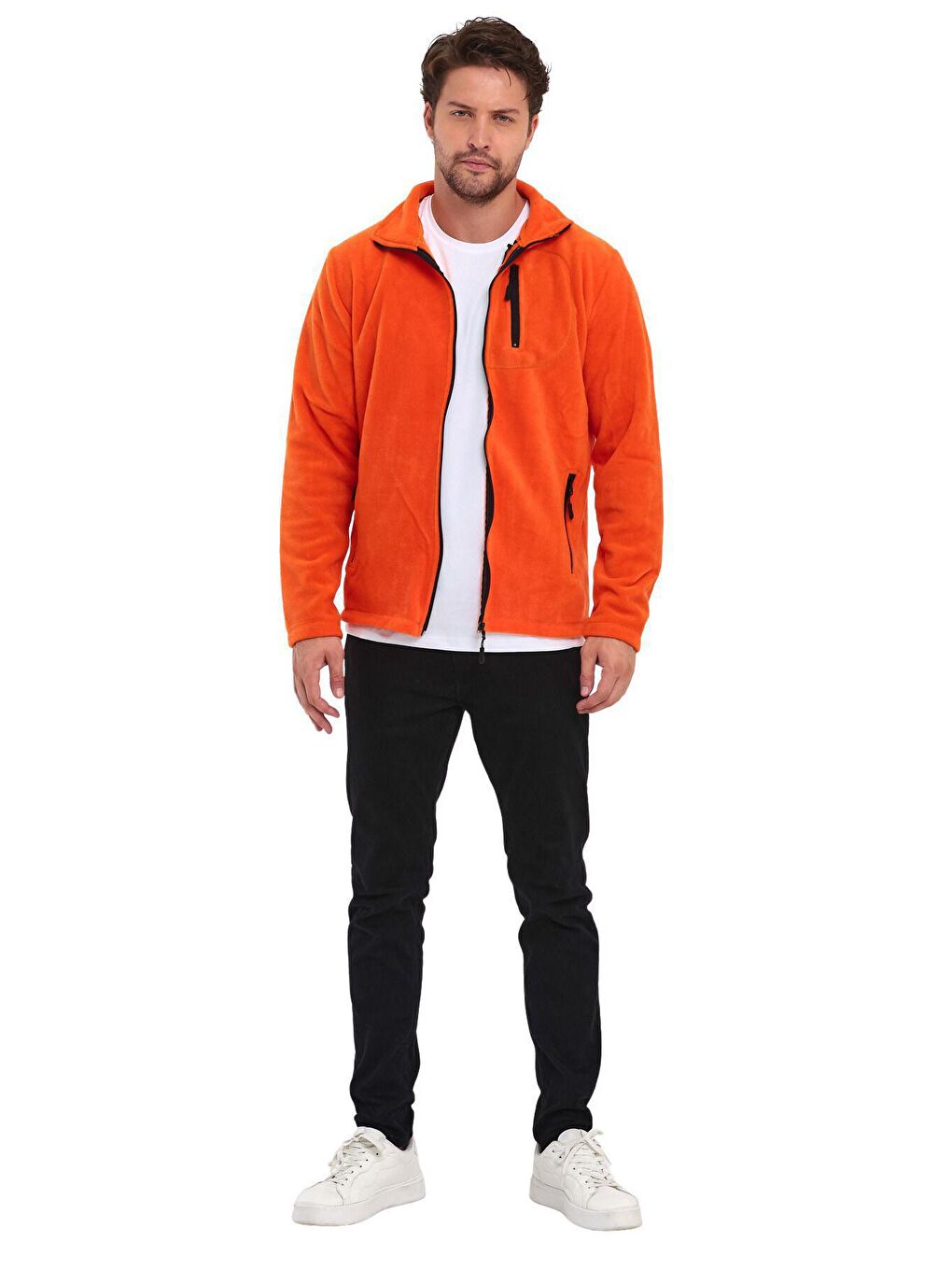 Turuncu Erkek Polar Tam Fermuarlı 3 Cepli Outdoor Polar Ceket-1