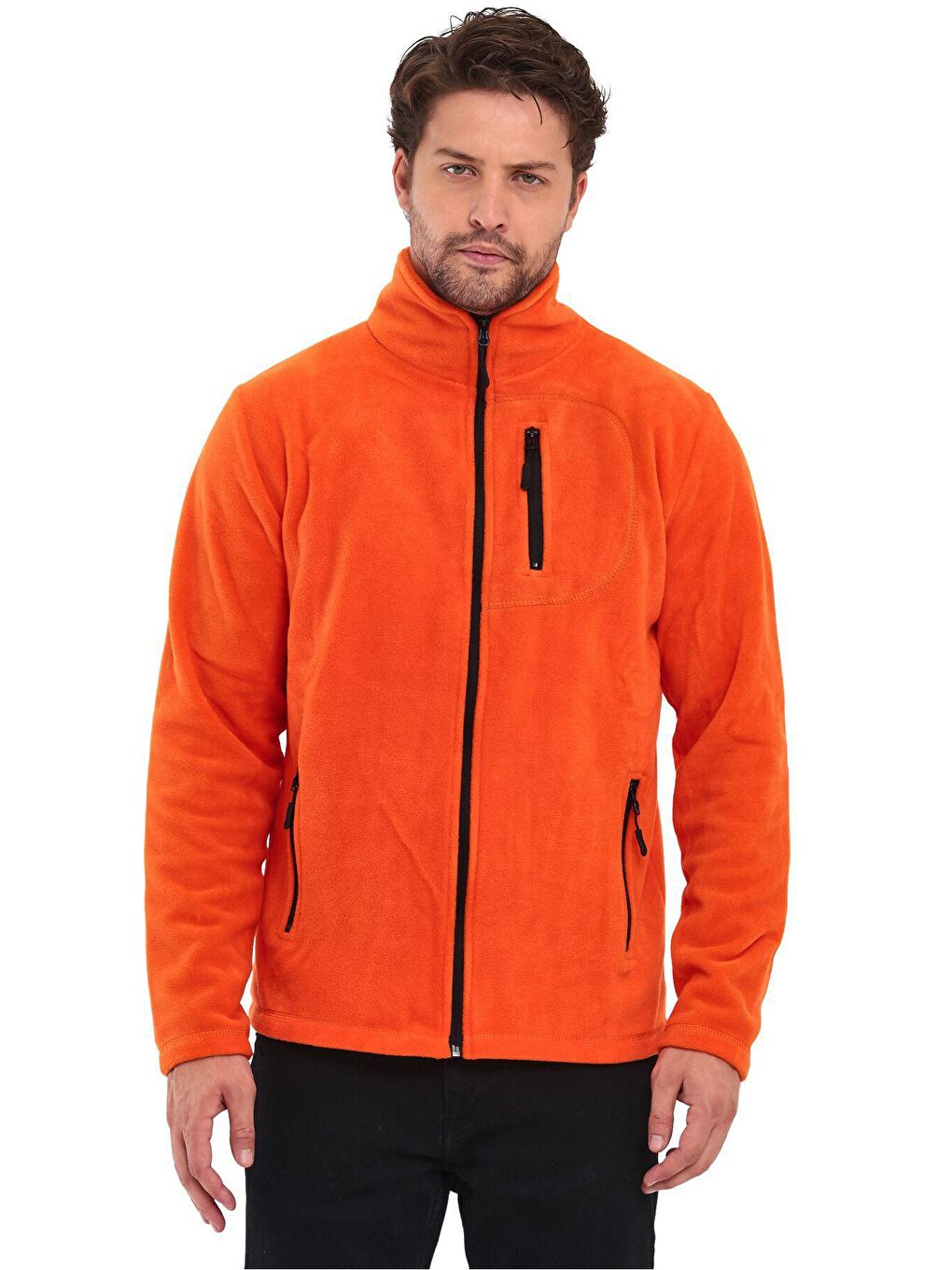 Turuncu Erkek Polar Tam Fermuarlı 3 Cepli Outdoor Polar Ceket-2