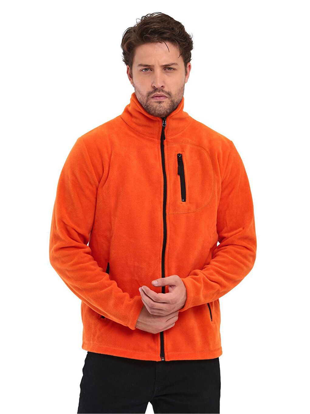 Turuncu Erkek Polar Tam Fermuarlı 3 Cepli Outdoor Polar Ceket-3