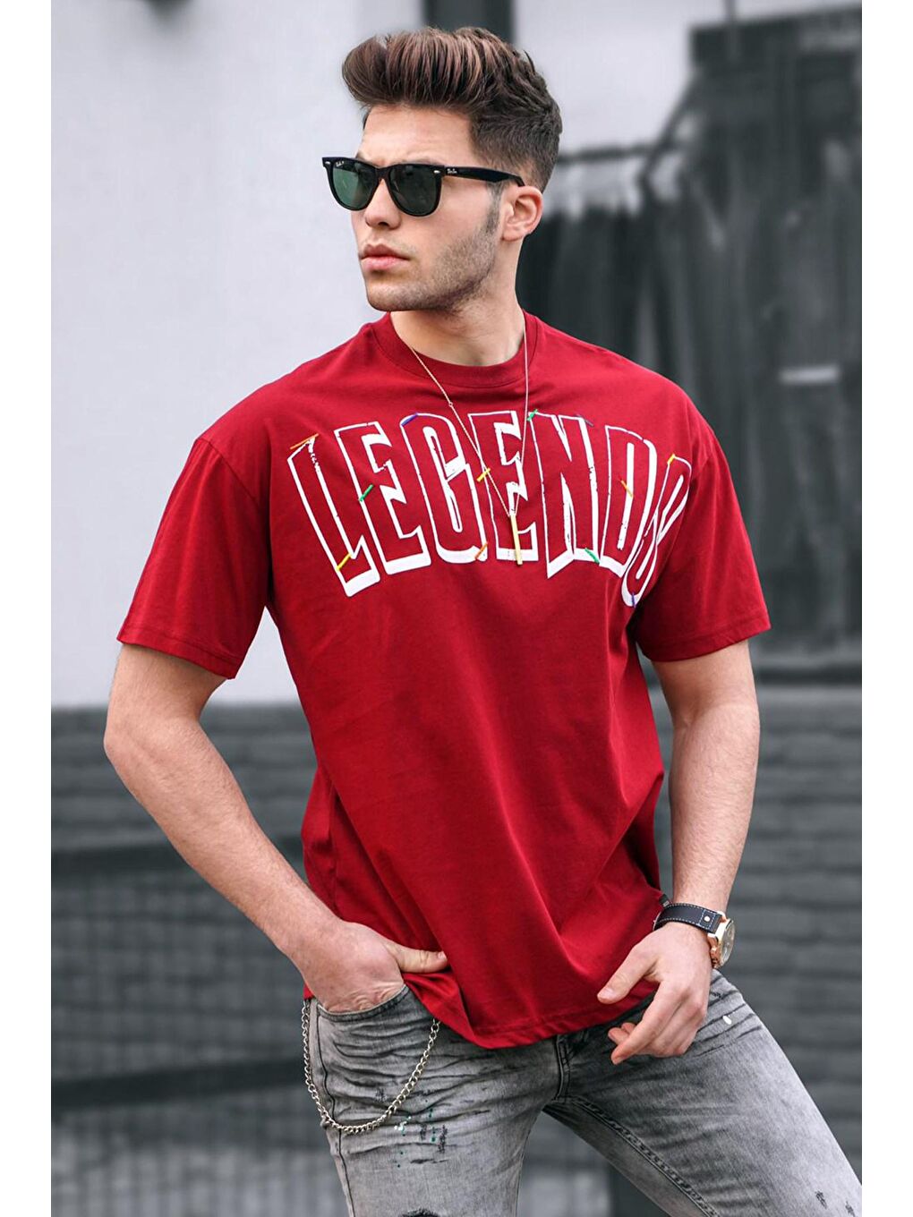 Madmext Baskılı Bordo Oversize %100 Pamuk Tişört 5393