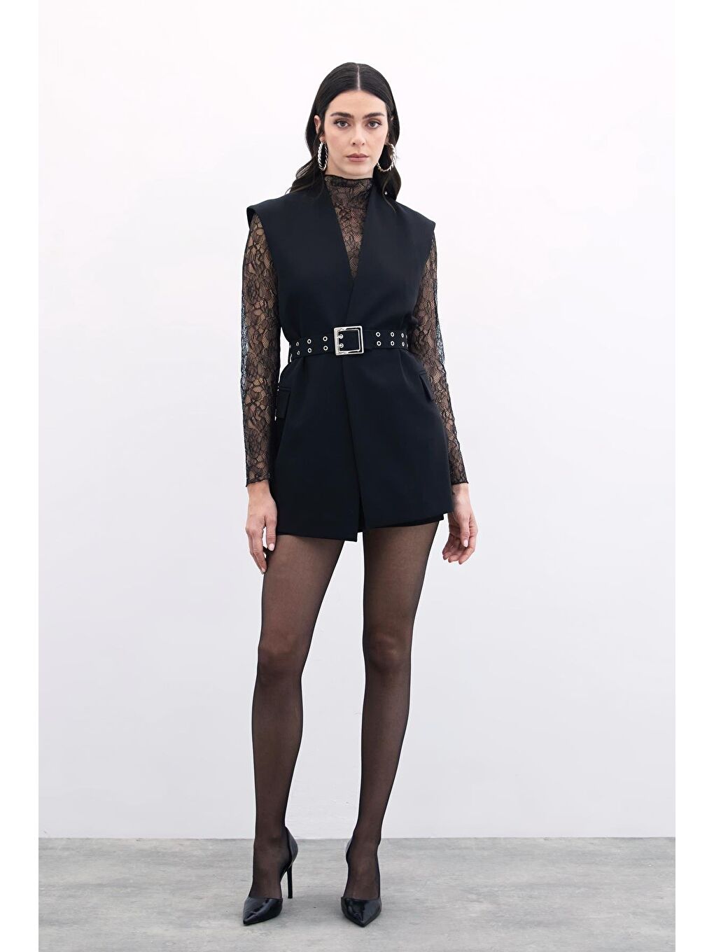 Kemerli Uzun Yelek - Siyah-3