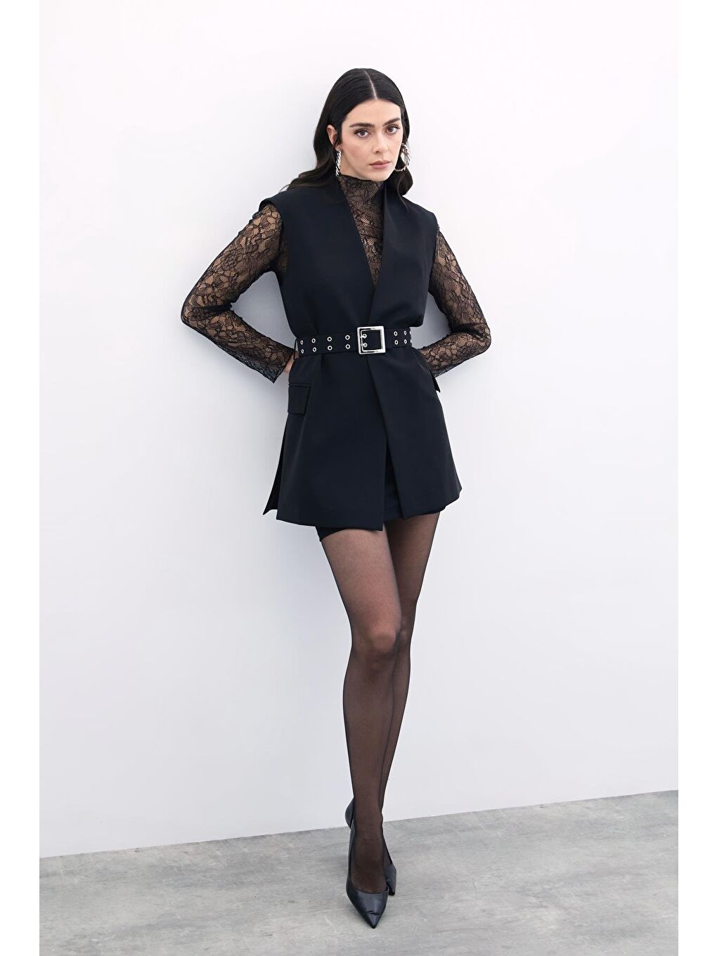 Kemerli Uzun Yelek - Siyah-4