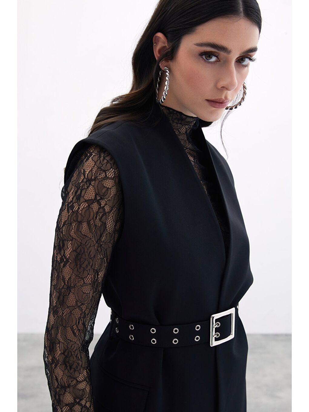 Kemerli Uzun Yelek - Siyah-6