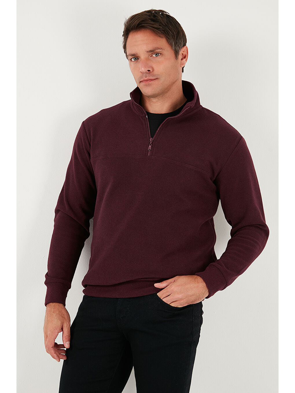 Mürdüm Pamuklu Regular Fit Yarım Fermuarlı Dik Yaka Kazak 456112-5