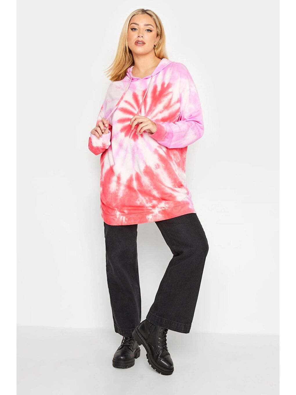 Stil Diva Pembe Büyük Beden Batik Desen Uzun Kollu Kapüşonlu Sweatshirt 301590 - 1