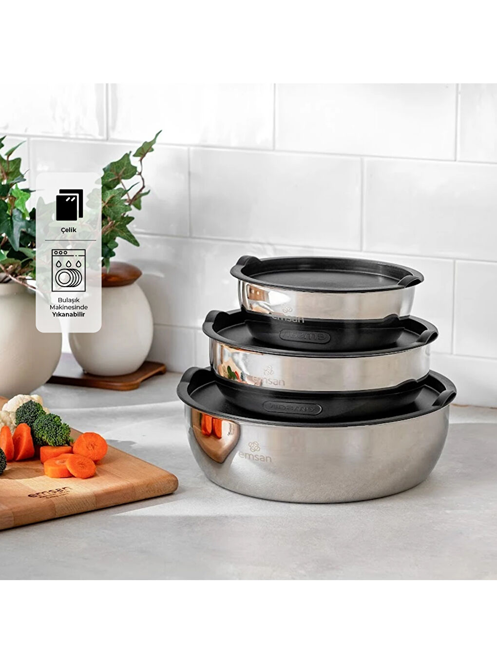 Gri Bella Kısa Midi 3'lü Çelik Saklama Kabı-7