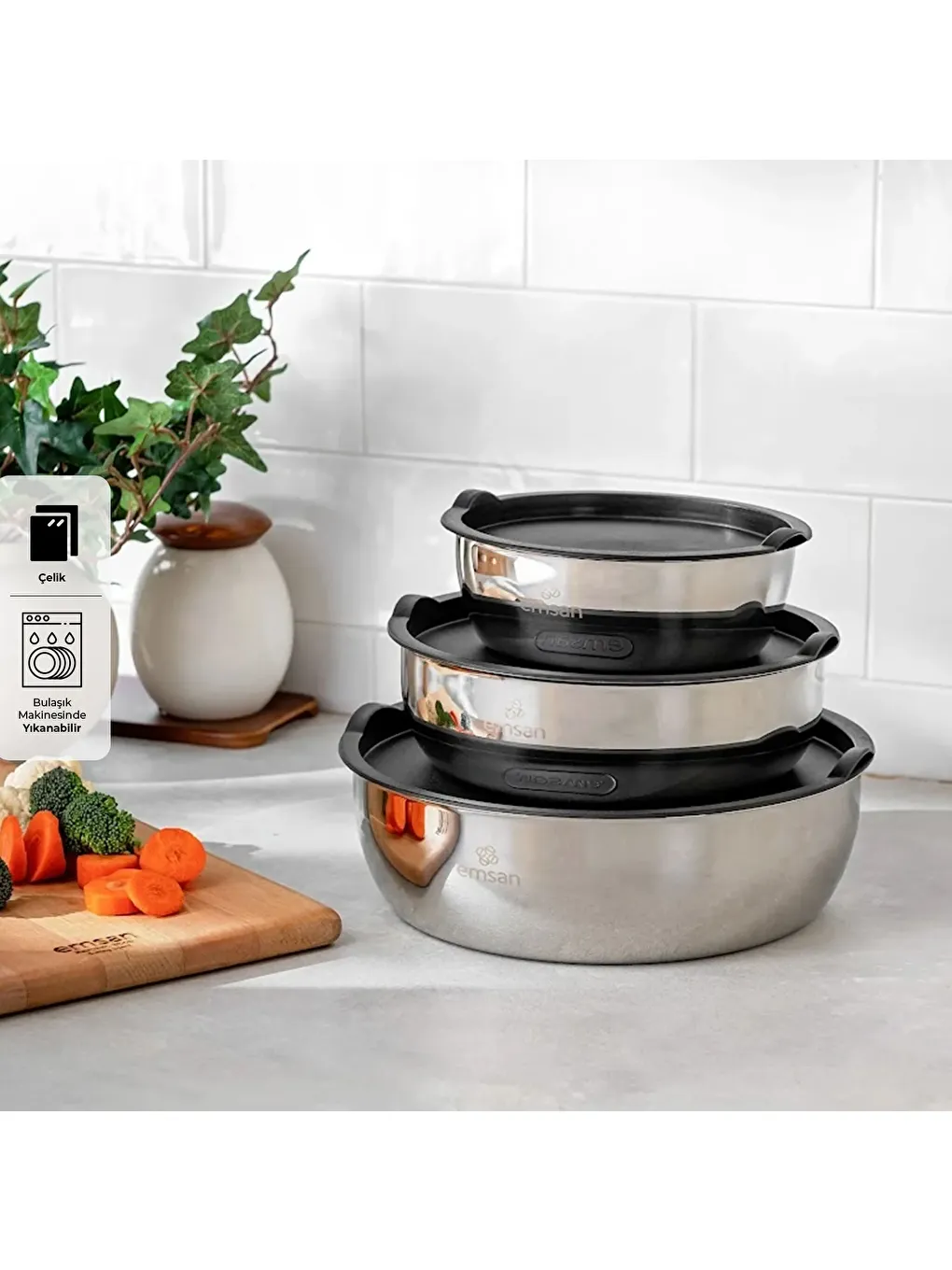 Gri Bella Kısa Midi 3'lü Çelik Saklama Kabı-8