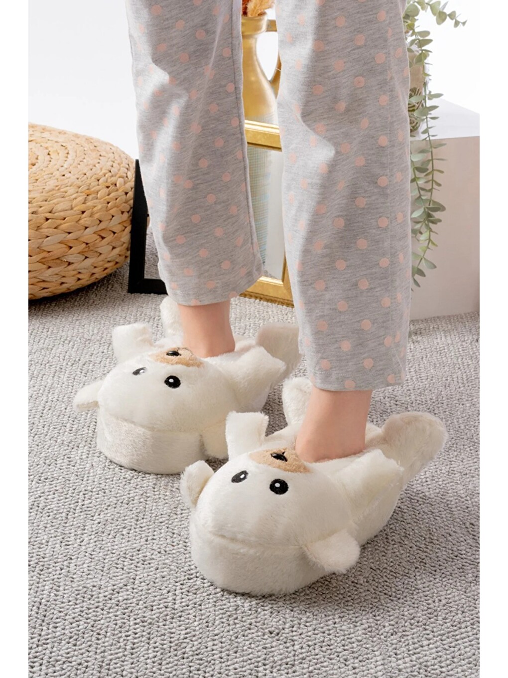 Ekru Ayıcık Figürlü Pelüş Panduf Ev Pandufu Unisex-1