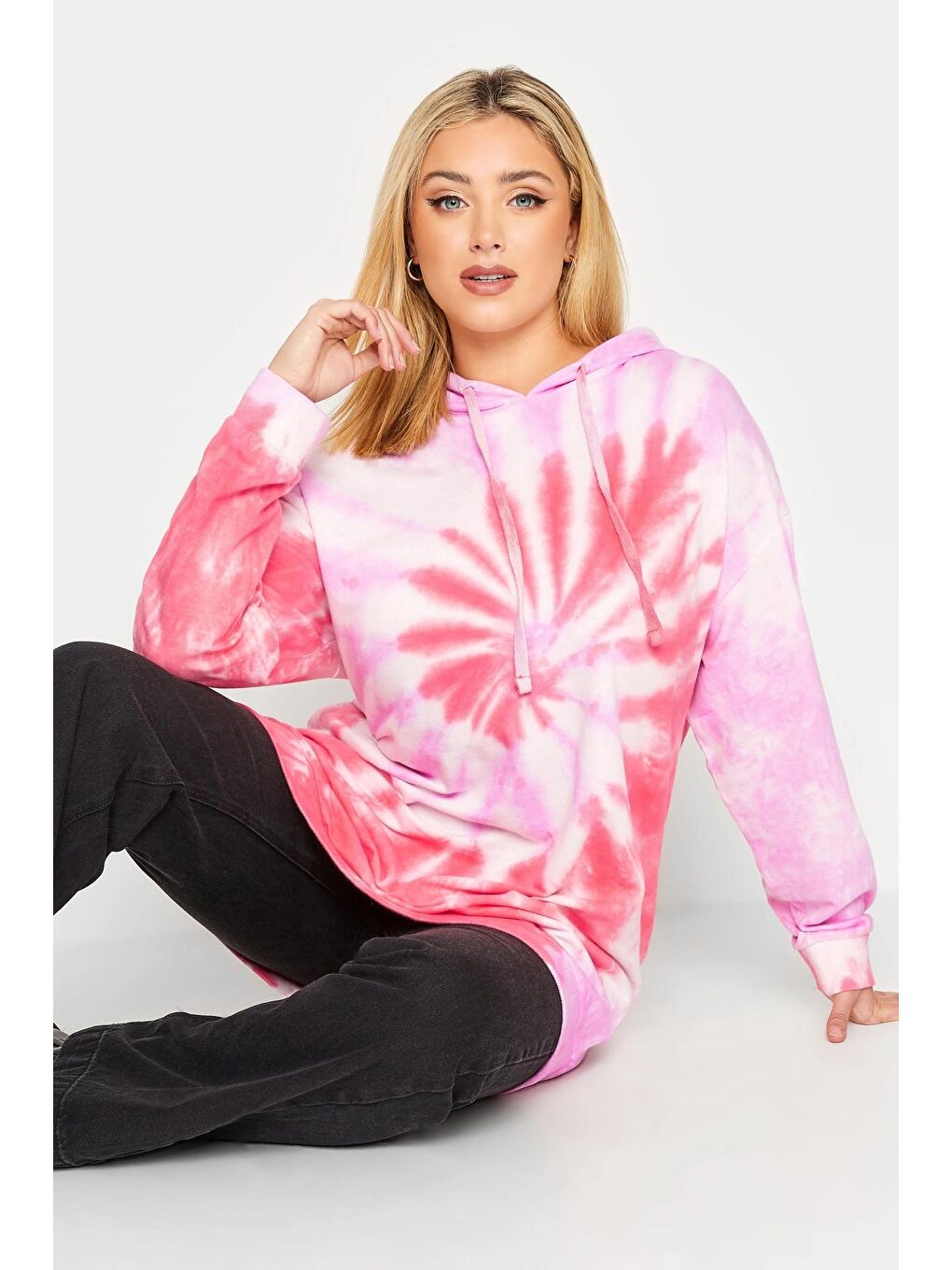 Stil Diva Pembe Büyük Beden Batik Desen Uzun Kollu Kapüşonlu Sweatshirt 301590 - 4