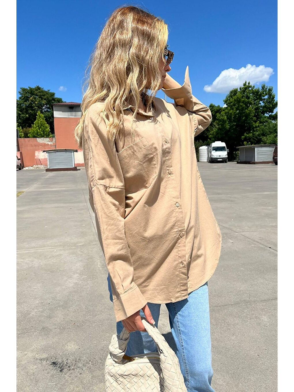 Kahverengi Oversize Basic Cepli Poplin Gömlek Mg1530