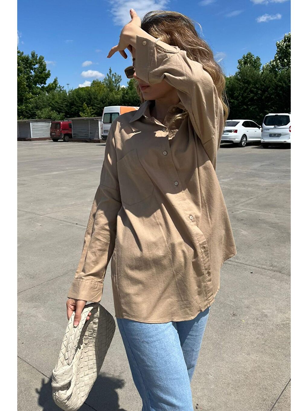 Kahverengi Oversize Basic Cepli Poplin Gömlek Mg1530-1