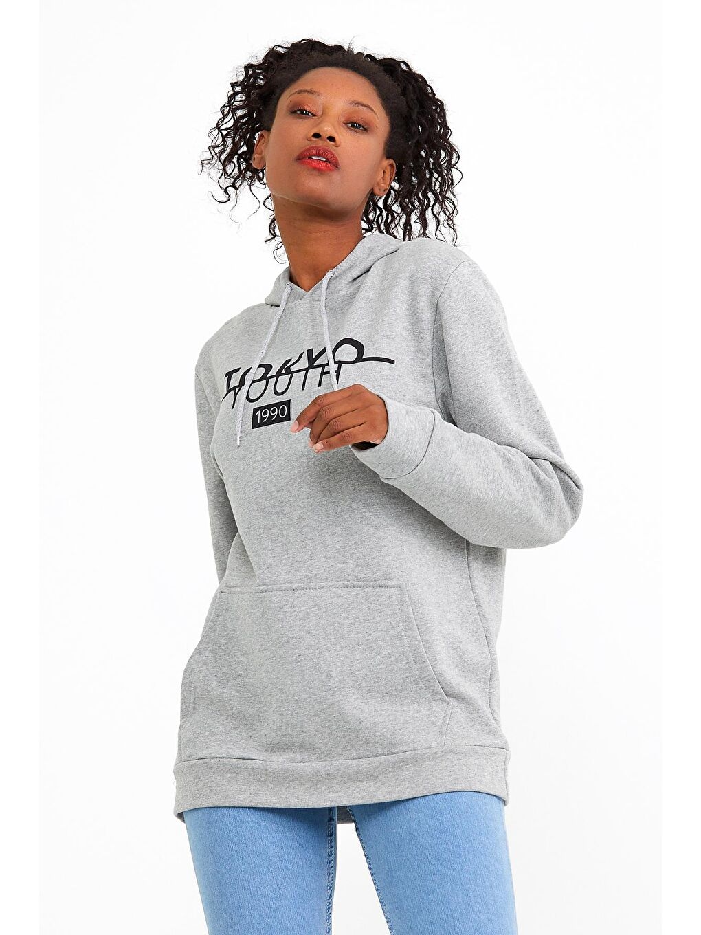 Süperlife Gri Kadın Kapşonlu Regular Fit Tokya Baskılı Sweatshirt SPR22SWK164