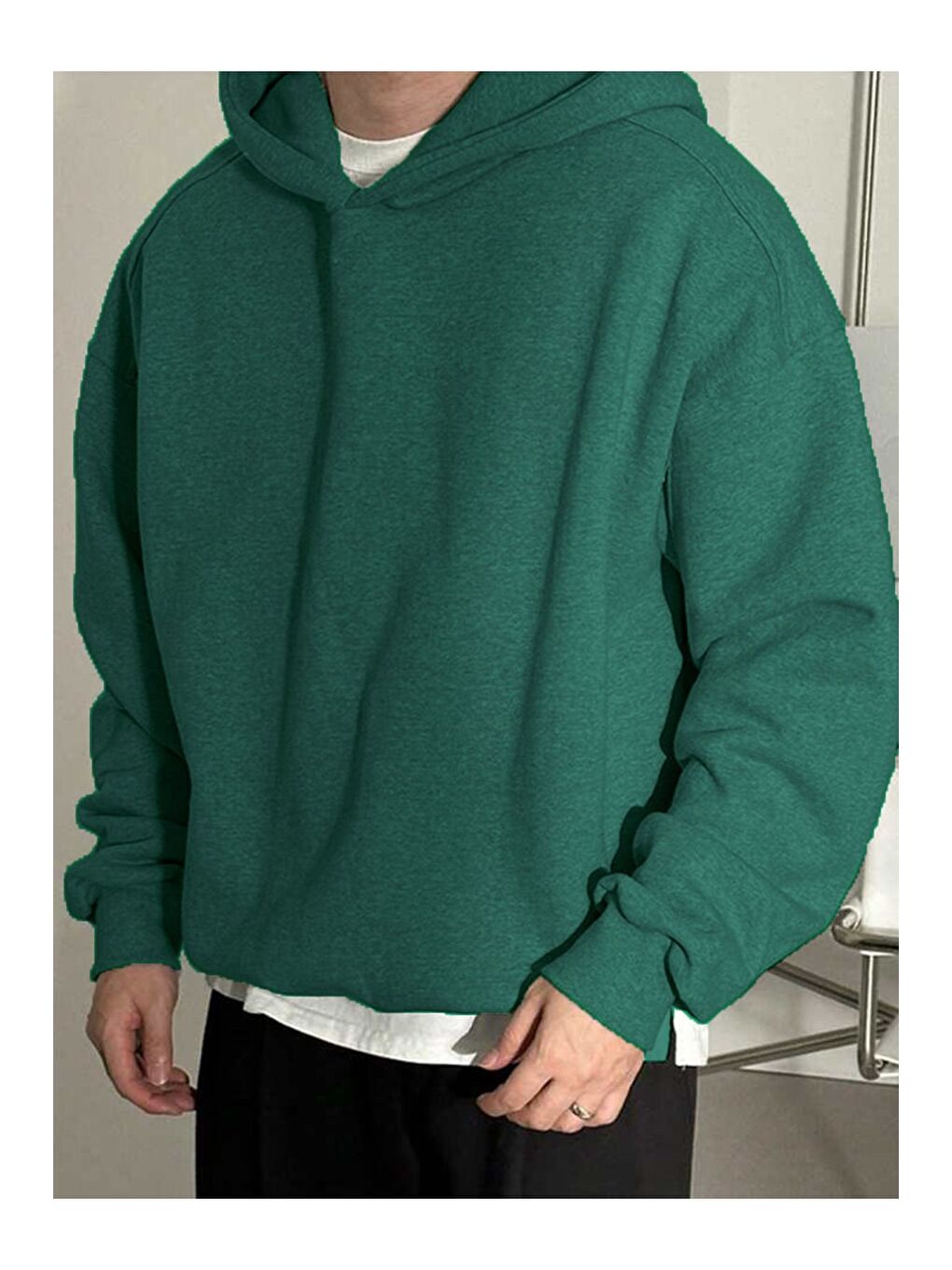 Yeşil Oversize 3 İplik Şardonlu  Erkek Kapüşonlu Sweatshirt Hoodie
