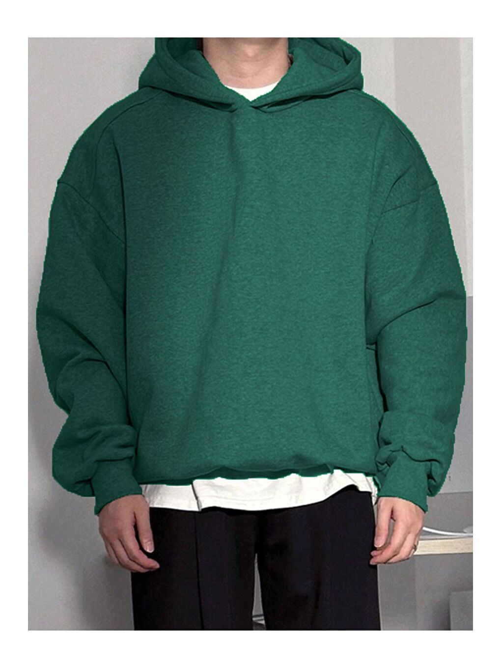Yeşil Oversize 3 İplik Şardonlu  Erkek Kapüşonlu Sweatshirt Hoodie-1
