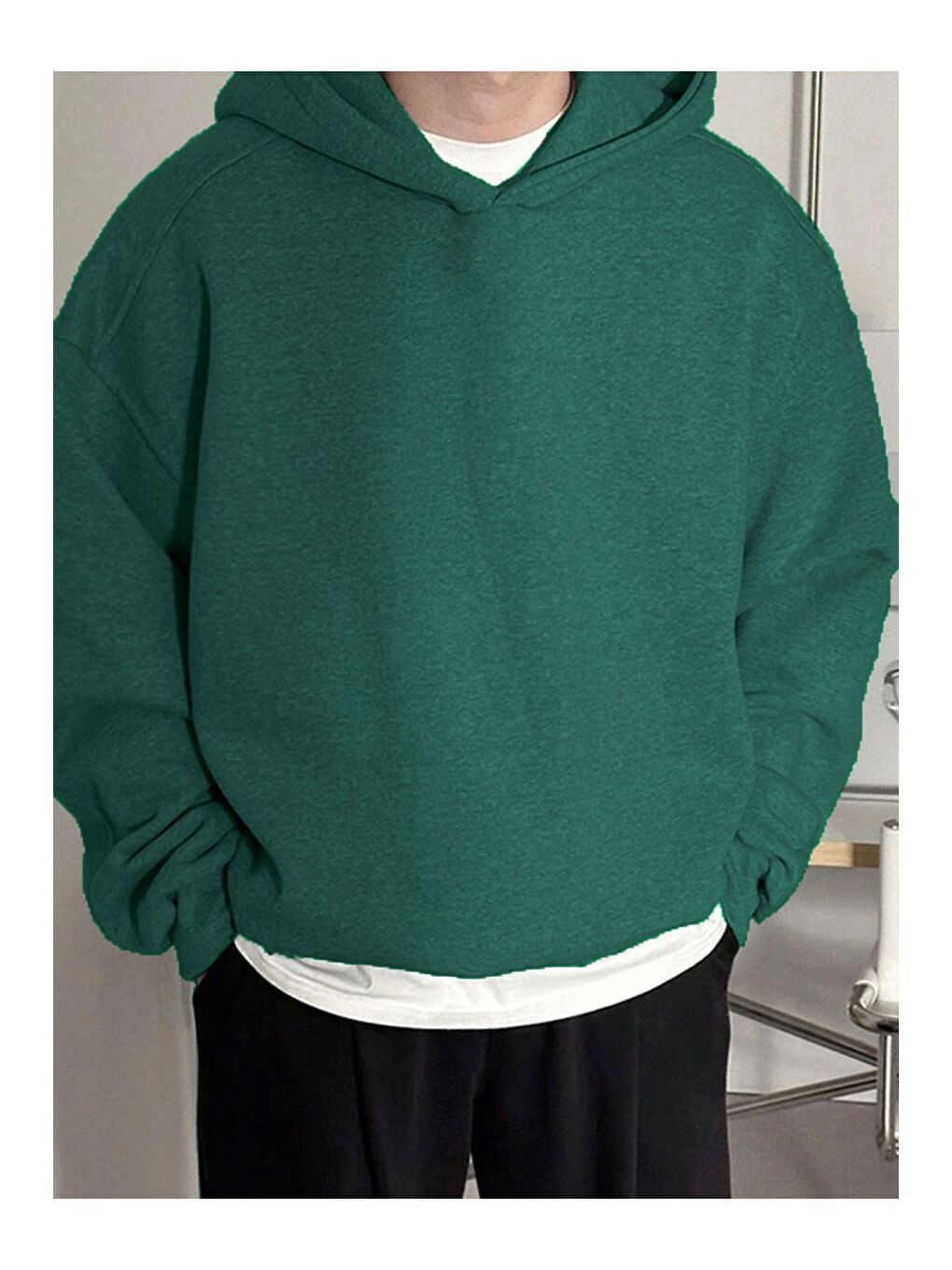 Yeşil Oversize 3 İplik Şardonlu  Erkek Kapüşonlu Sweatshirt Hoodie-2