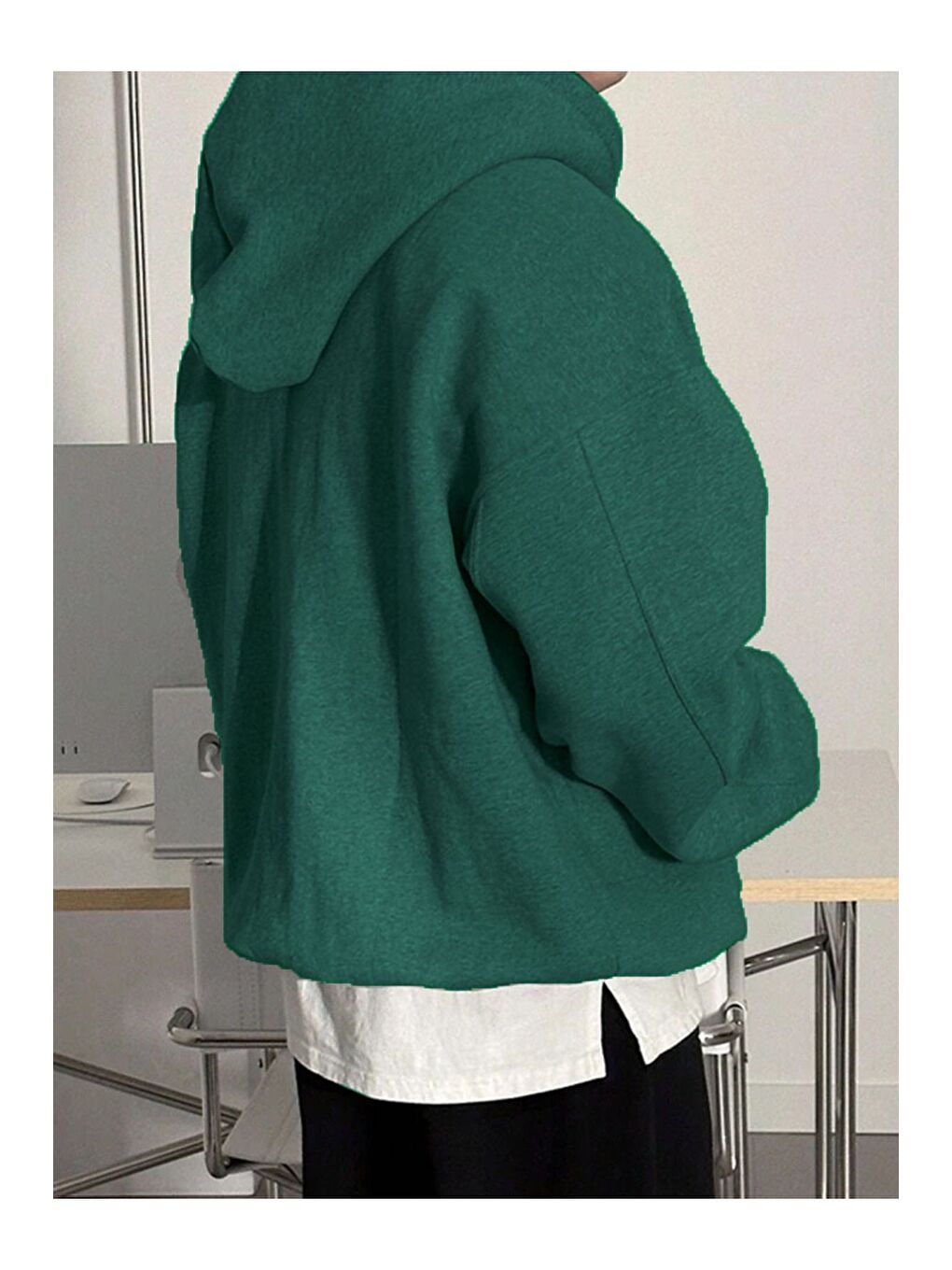 Yeşil Oversize 3 İplik Şardonlu  Erkek Kapüşonlu Sweatshirt Hoodie-3