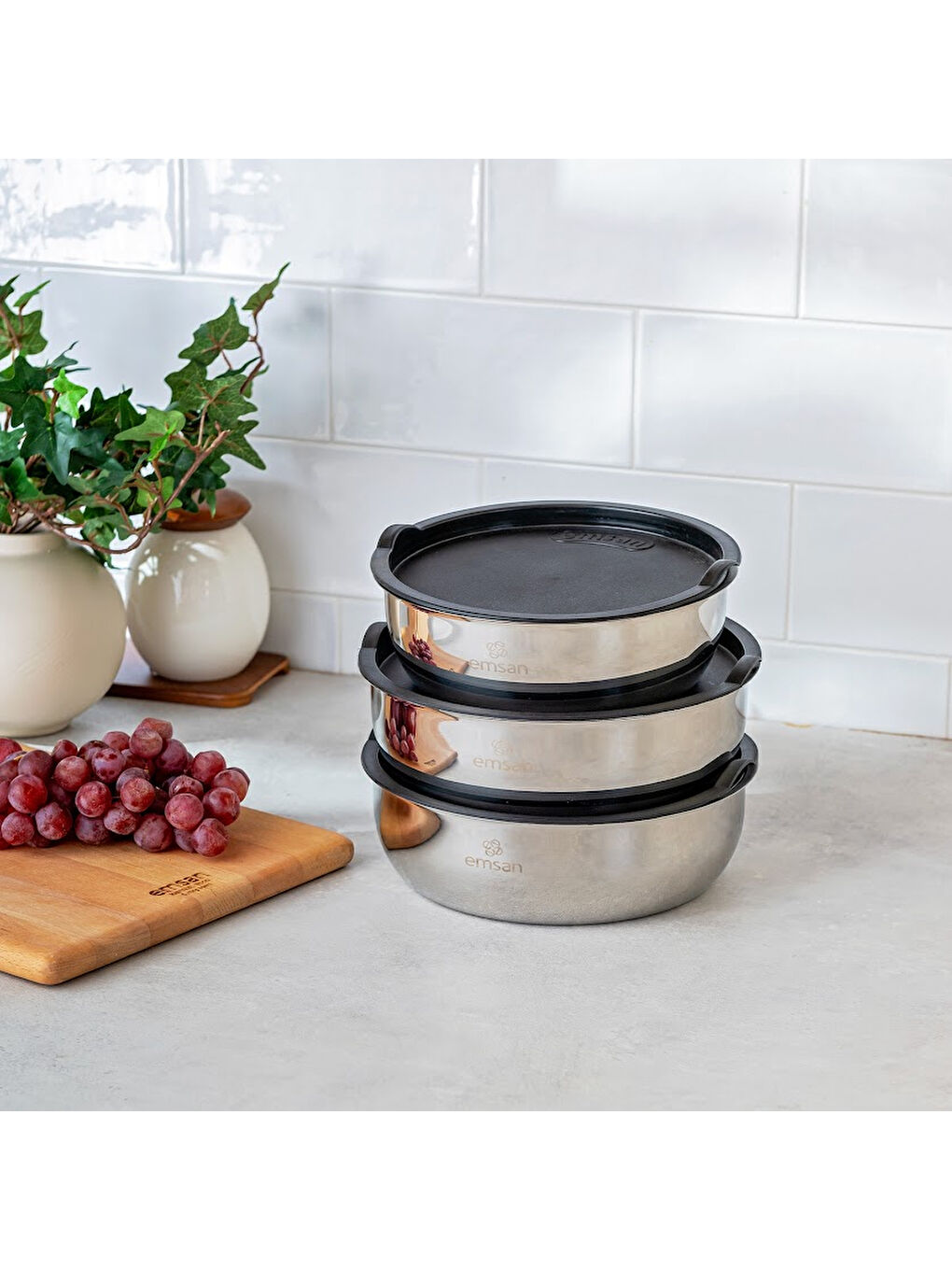 Gri Bella Kısa Mini 3'lü Çelik Saklama Kabı-6