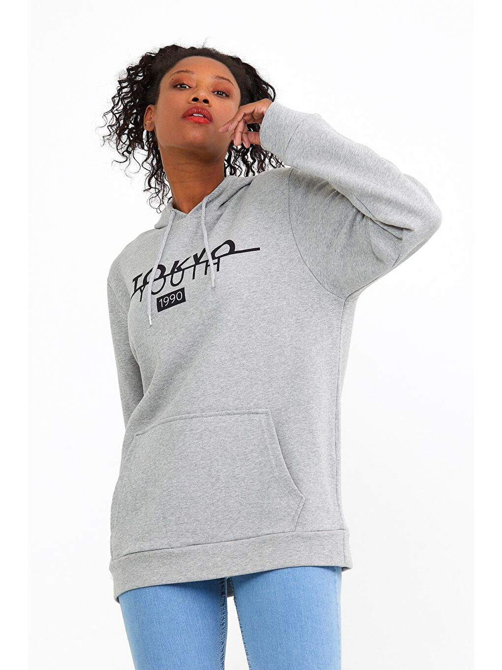 Süperlife Gri Kadın Kapşonlu Regular Fit Tokya Baskılı Sweatshirt SPR22SWK164 - 2