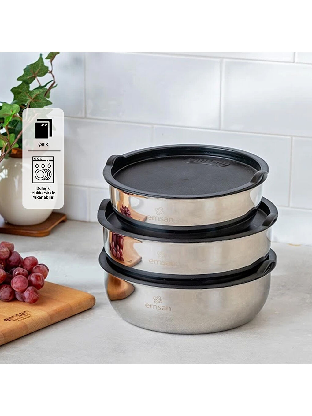 Gri Bella Kısa Mini 3'lü Çelik Saklama Kabı-7