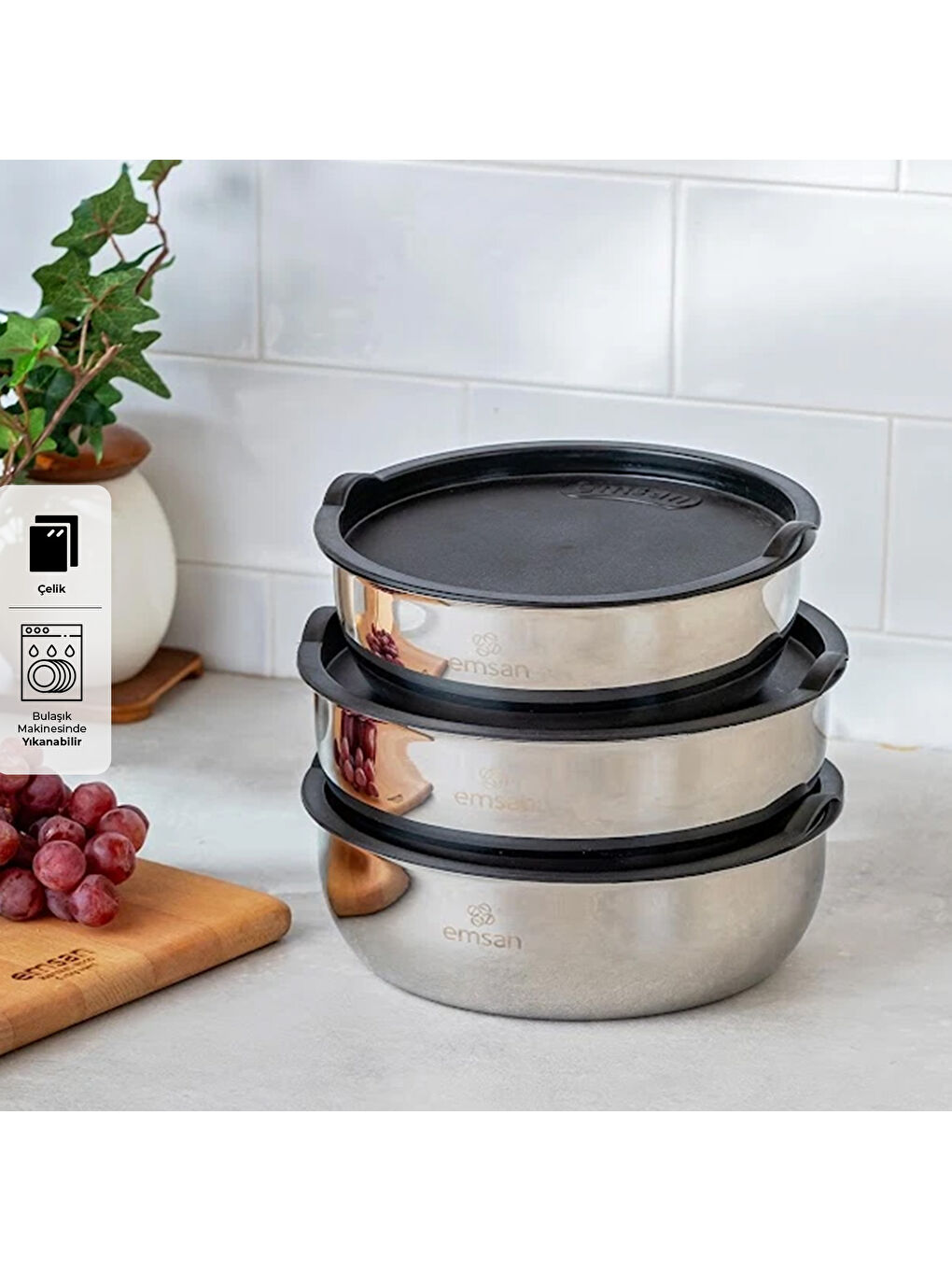 Gri Bella Kısa Mini 3'lü Çelik Saklama Kabı-8