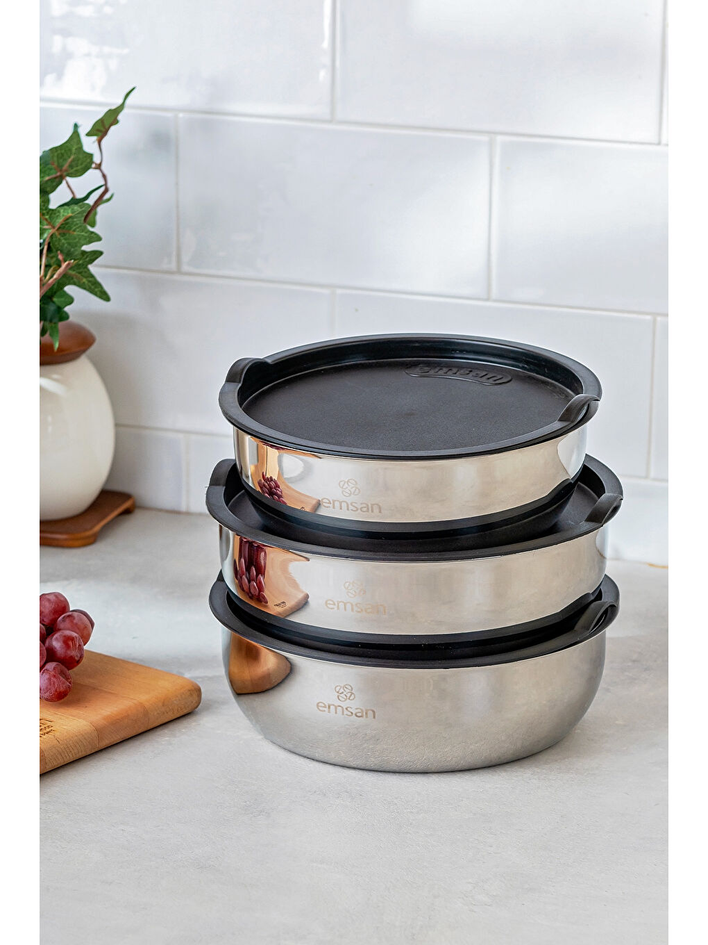 Gri Bella Kısa Mini 3'lü Çelik Saklama Kabı-9