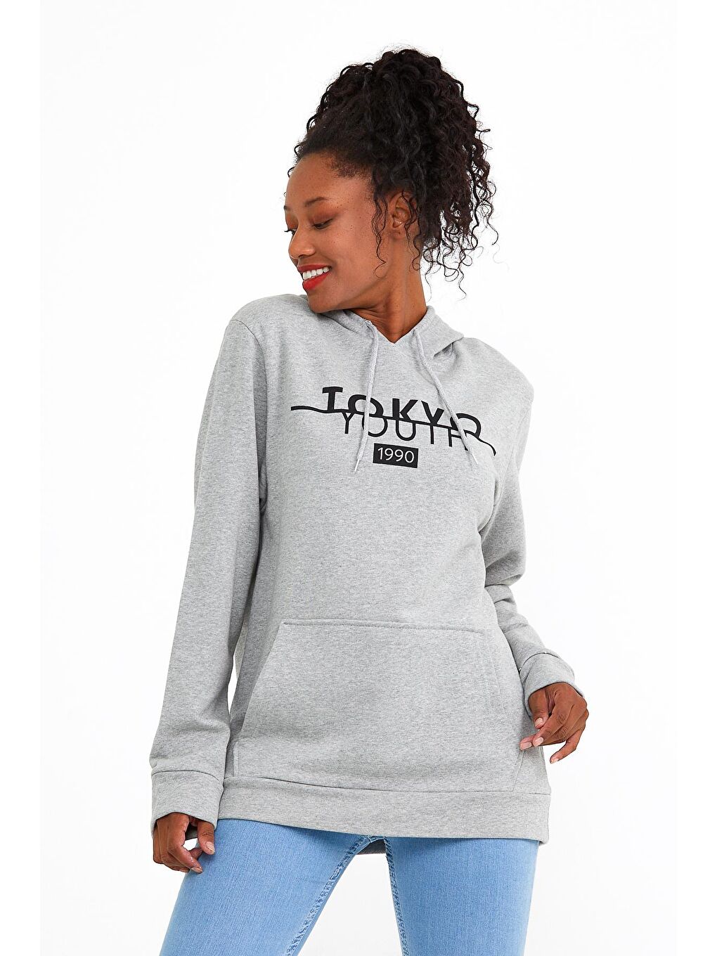 Süperlife Gri Kadın Kapşonlu Regular Fit Tokya Baskılı Sweatshirt SPR22SWK164 - 3