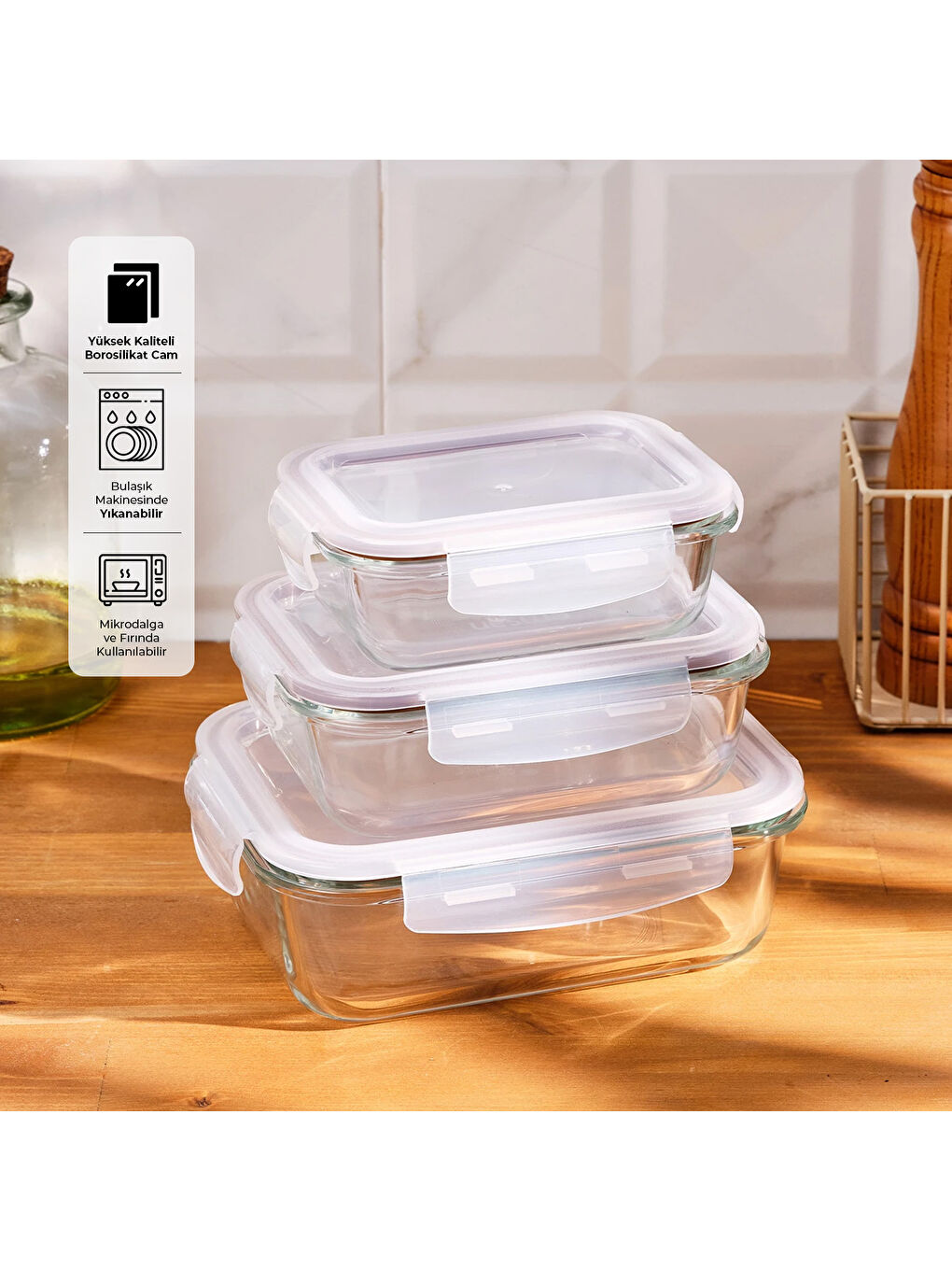 Renksiz Lina Borosilikat 3'lü Saklama Kabı-6